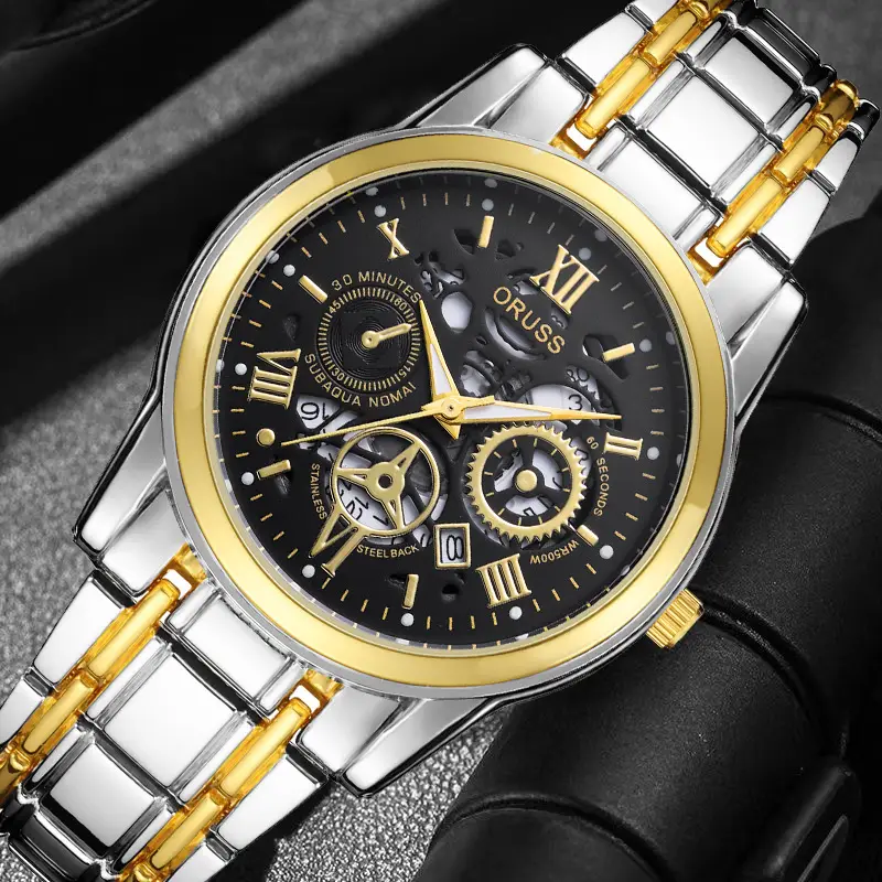 Men's Luxury Gold & Silver Quartz Watch with Skeleton Dial — feature 10