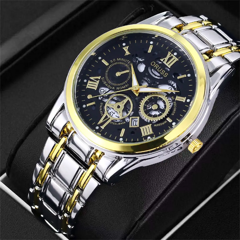 Men's Luxury Gold & Silver Quartz Watch with Skeleton Dial — feature 14