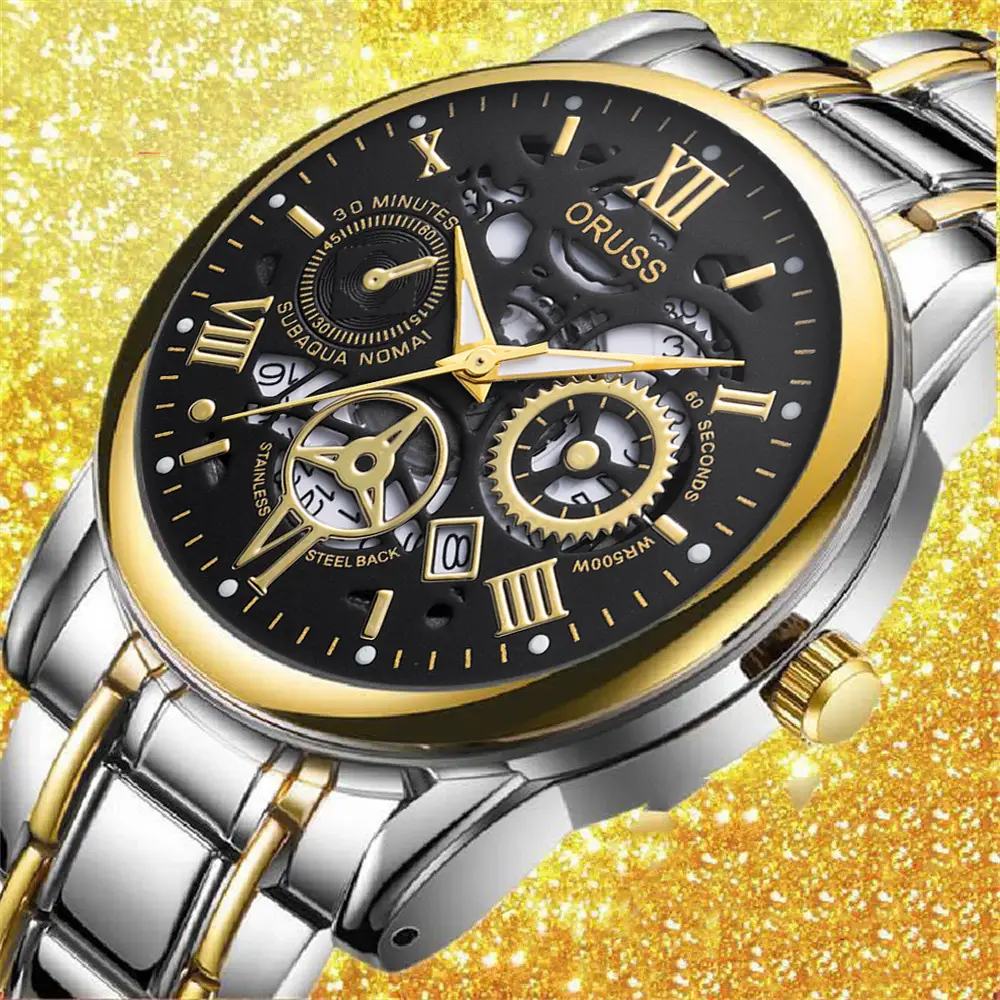 Men's Luxury Gold & Silver Quartz Watch with Skeleton Dial — feature 2