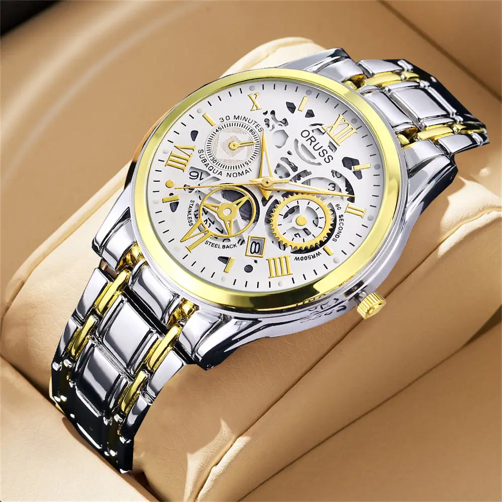 Men's Luxury Gold & Silver Quartz Watch with Skeleton Dial — feature 23