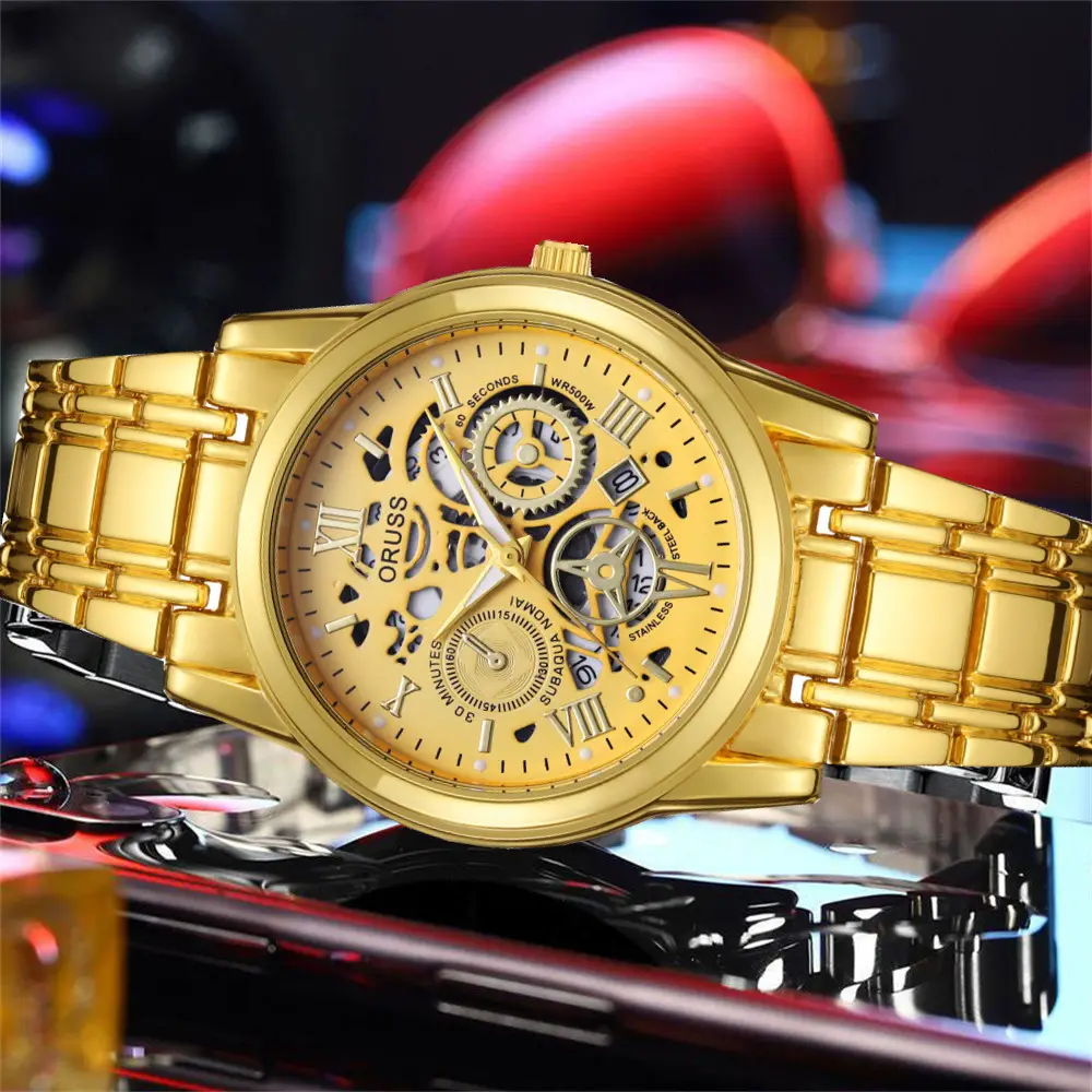Men's Luxury Gold & Silver Quartz Watch with Skeleton Dial — feature 24