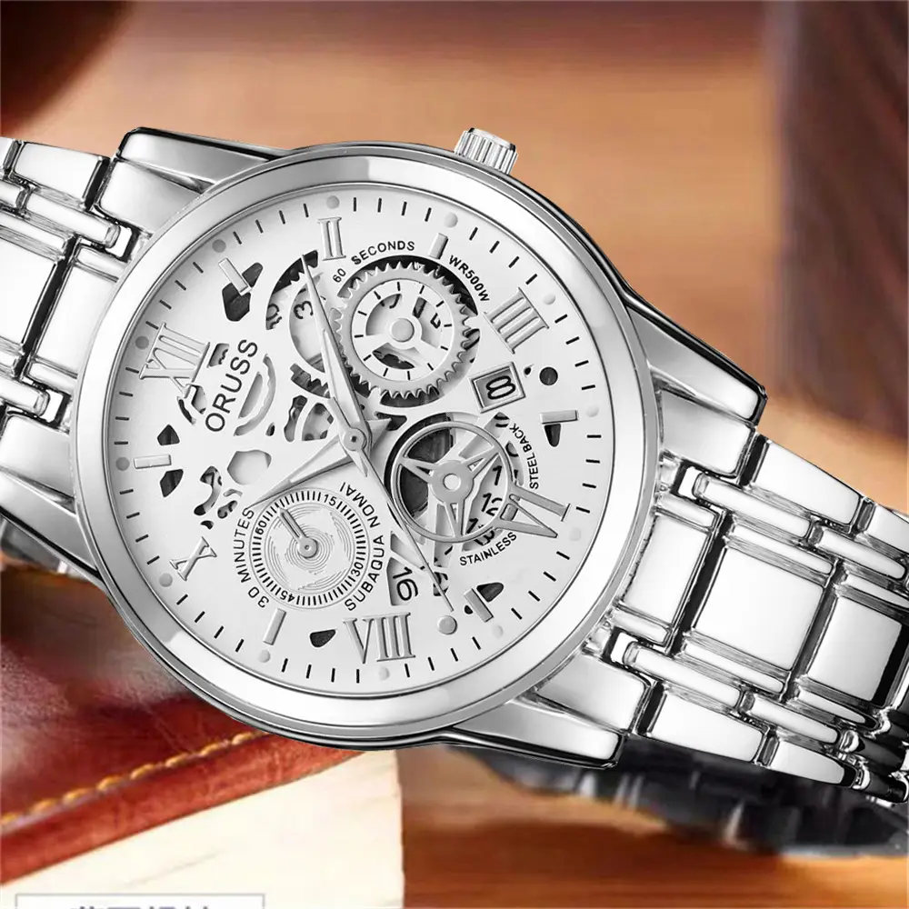 Men's Luxury Gold & Silver Quartz Watch with Skeleton Dial — feature 25