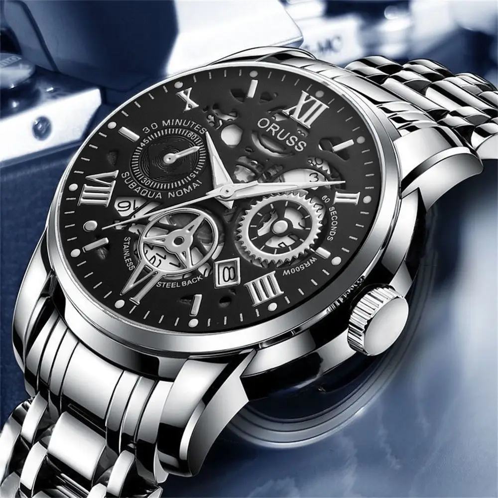 Men's Luxury Gold & Silver Quartz Watch with Skeleton Dial — feature 28