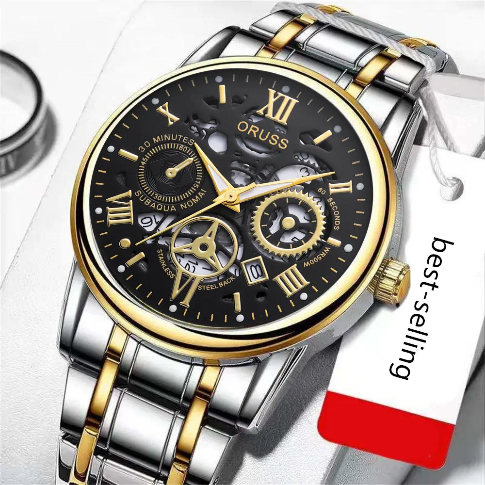 Men's Luxury Gold & Silver Quartz Watch with Skeleton Dial — feature 32