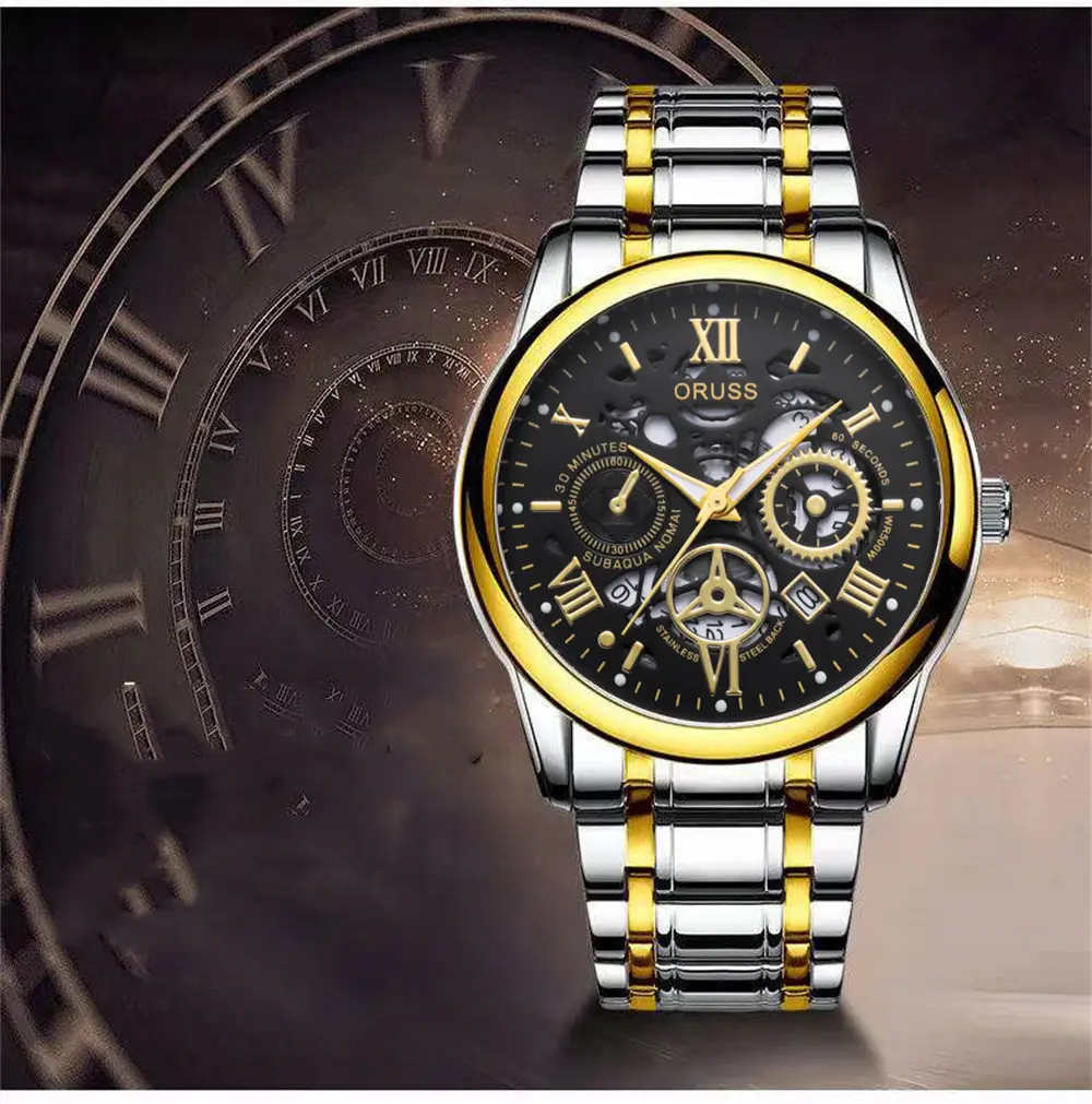Men's Luxury Gold & Silver Quartz Watch with Skeleton Dial — feature 34