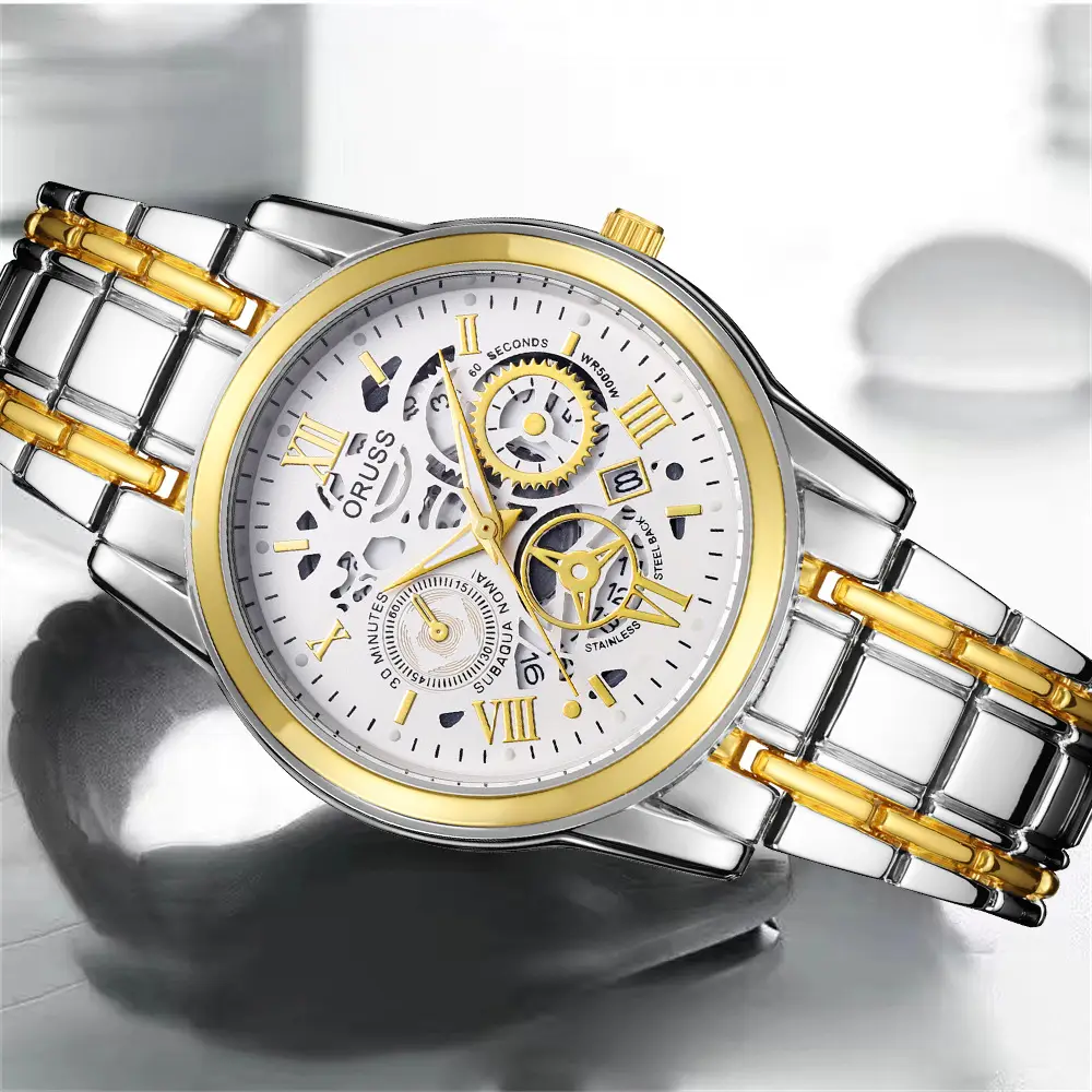 Men's Luxury Gold & Silver Quartz Watch with Skeleton Dial — feature 35