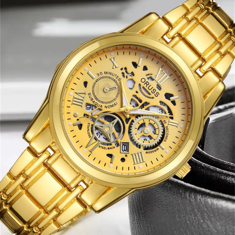 Men's Luxury Gold & Silver Quartz Watch with Skeleton Dial — feature 36