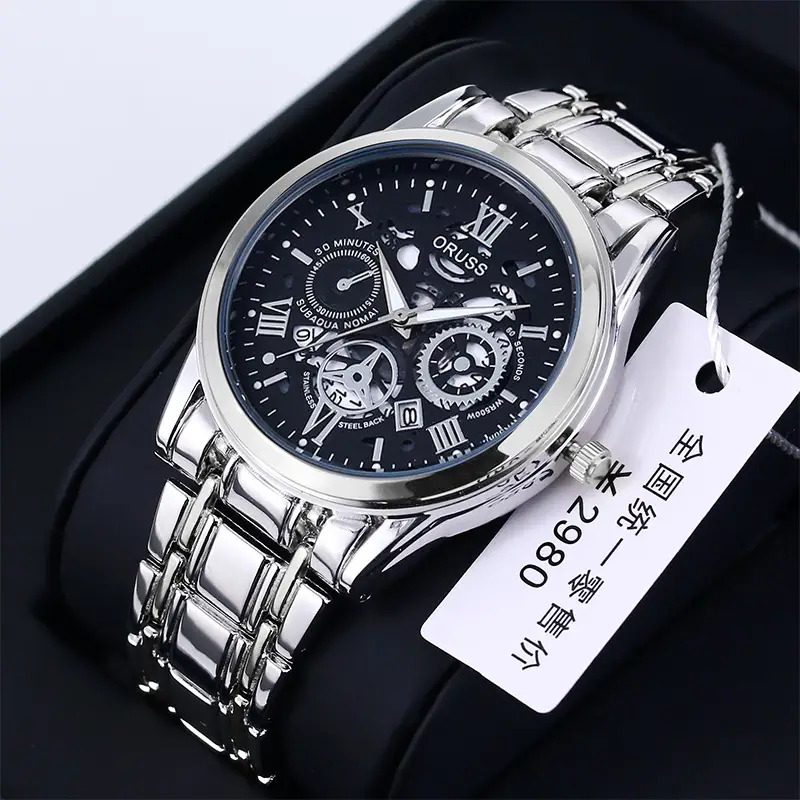 Men's Luxury Gold & Silver Quartz Watch with Skeleton Dial
