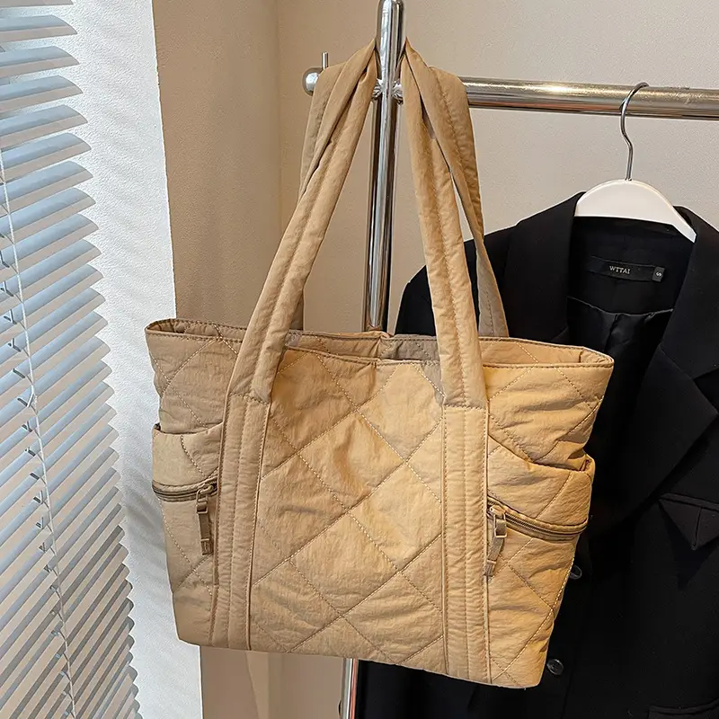 Women's Quilted Nylon Shoulder Bag Large Capacity Tan - Image 8