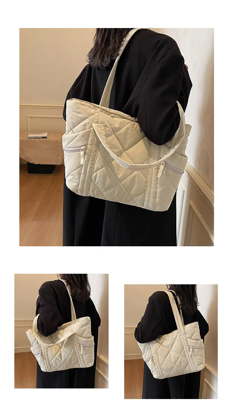 Women's Quilted Nylon Shoulder Bag Large Capacity Tan — feature 11