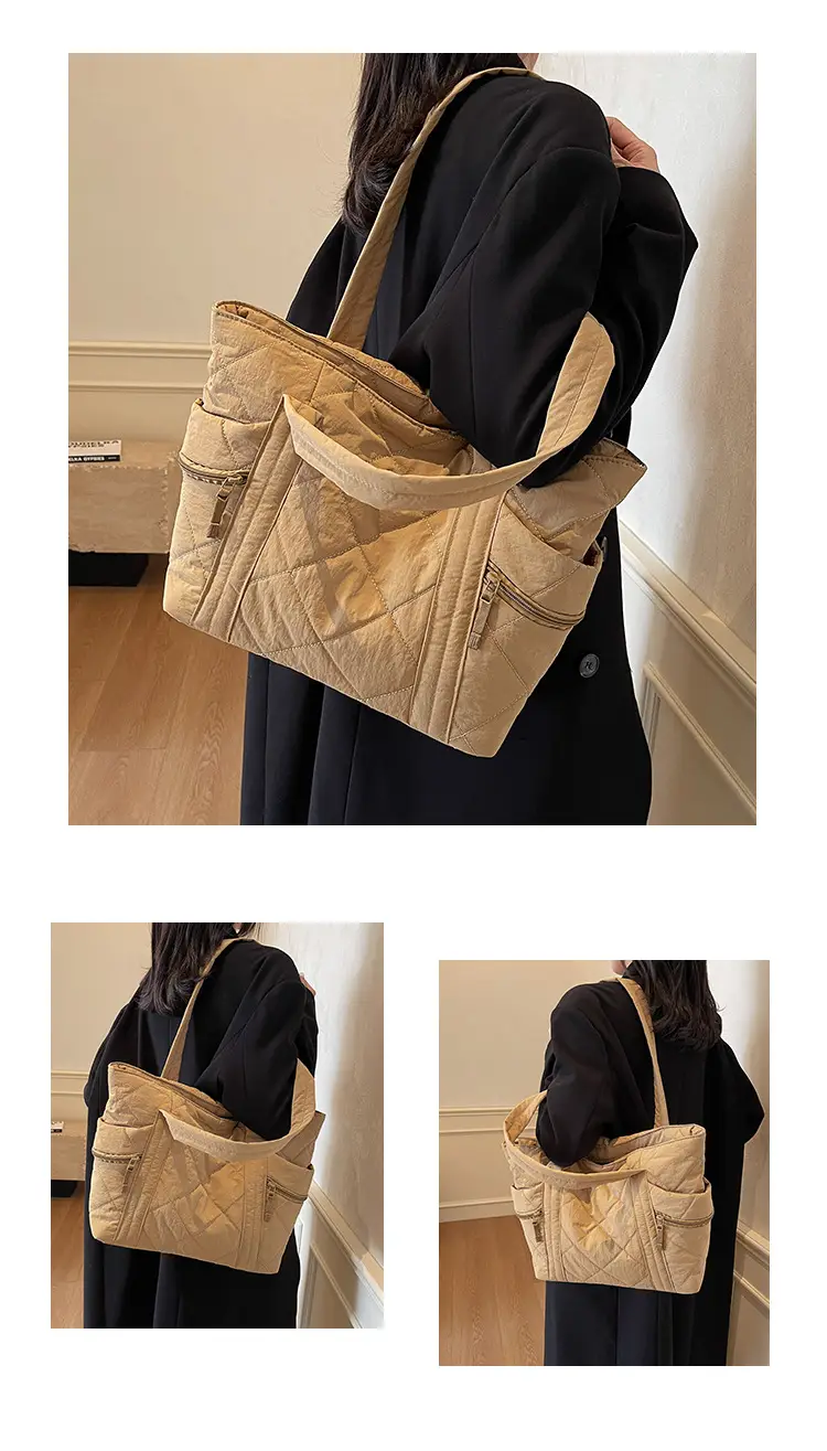 Women's Quilted Nylon Shoulder Bag Large Capacity Tan — feature 12