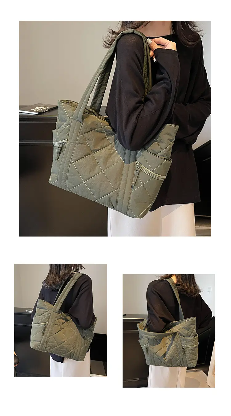 Women's Quilted Nylon Shoulder Bag Large Capacity Tan — feature 14