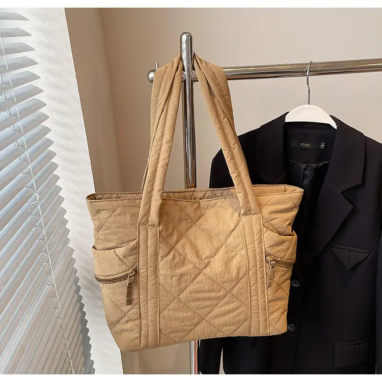 Women's Quilted Nylon Shoulder Bag Large Capacity Tan — feature 27