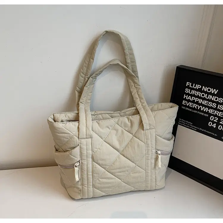 Women's Quilted Nylon Shoulder Bag Large Capacity Tan — feature 33