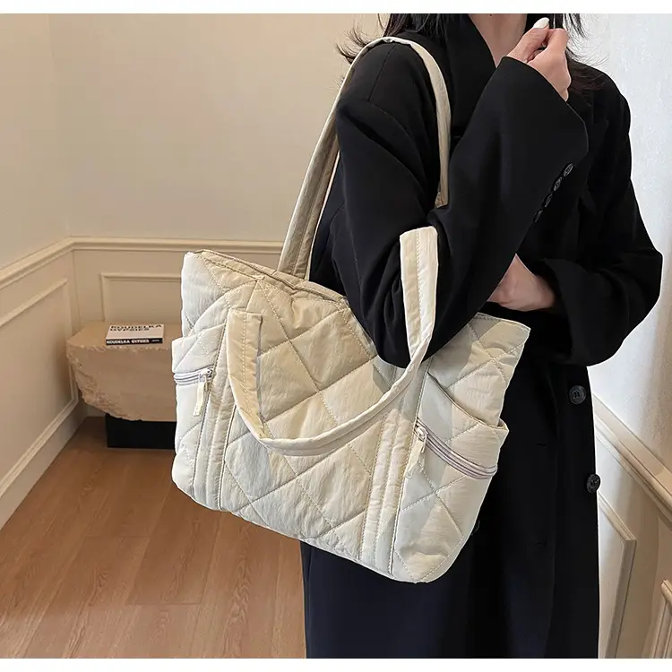 Women's Quilted Nylon Shoulder Bag Large Capacity Tan — feature 36