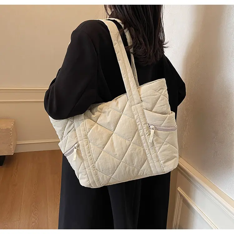 Women's Quilted Nylon Shoulder Bag Large Capacity Tan — feature 38