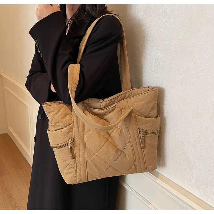 Women's Quilted Nylon Shoulder Bag Large Capacity Tan — feature 40