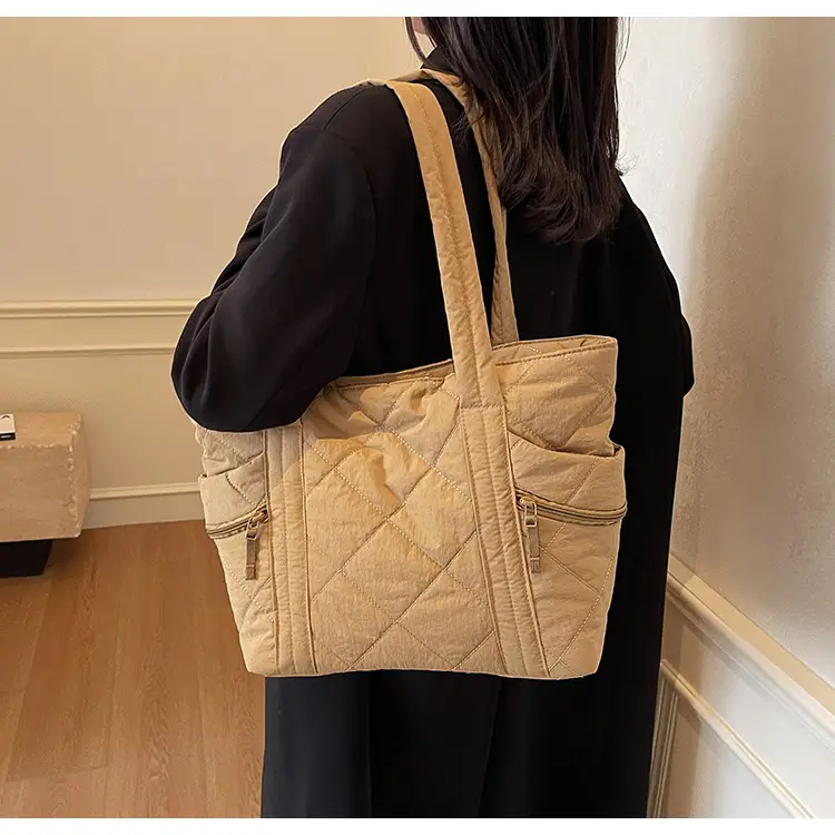 Women's Quilted Nylon Shoulder Bag Large Capacity Tan — feature 41