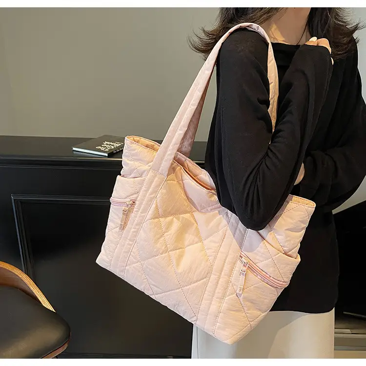 Women's Quilted Nylon Shoulder Bag Large Capacity Tan — feature 42
