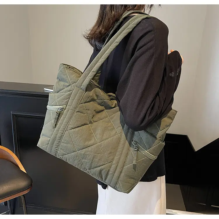 Women's Quilted Nylon Shoulder Bag Large Capacity Tan — feature 46