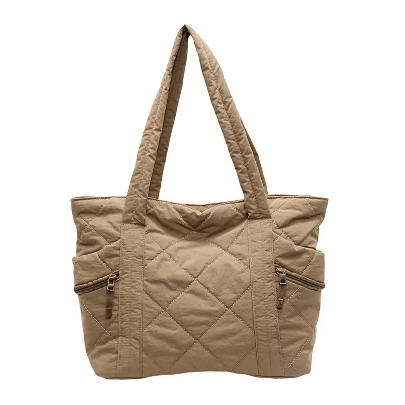 Women's Quilted Nylon Shoulder Bag Large Capacity Tan - Image 3