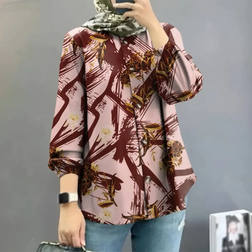 Women Muslim Floral Puff Sleeves Shirt 2025 - Image 5