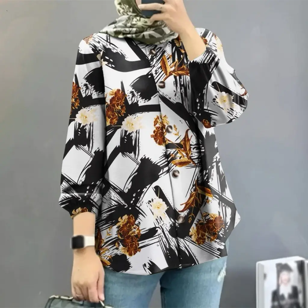 Women Muslim Floral Puff Sleeves Shirt 2025 - Image 7