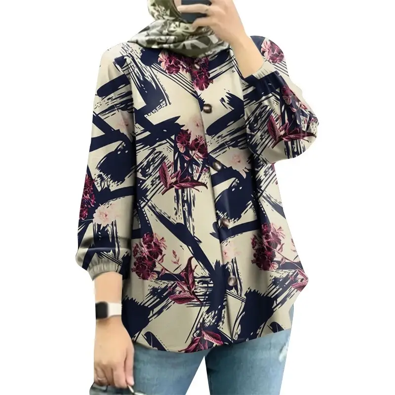 Women Muslim Floral Puff Sleeves Shirt 2025 - Image 8