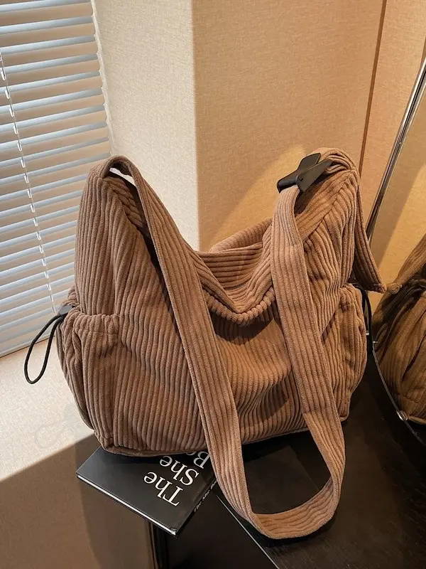 Women's Black Corduroy Shoulder Crossbody Bag Large Capacity - Image 6