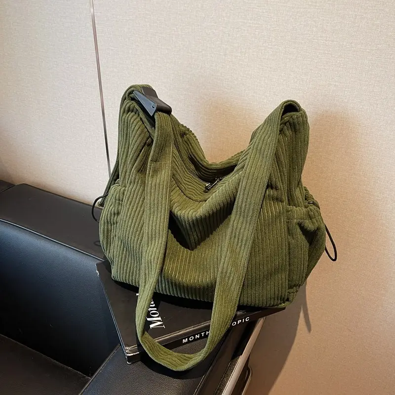 Women's Black Corduroy Shoulder Crossbody Bag Large Capacity - Image 2