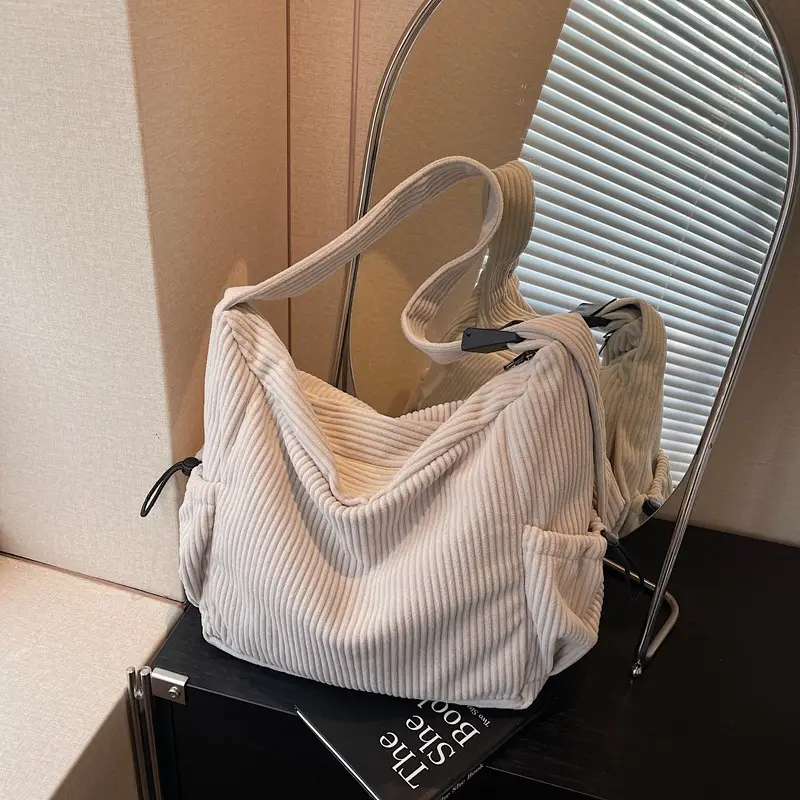Women's Black Corduroy Shoulder Crossbody Bag Large Capacity - Image 4
