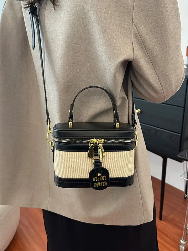Retro Satchel Bag Black Beige Gold Zipper Handle - Image 7