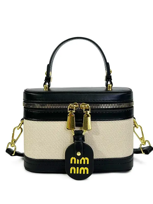 Retro Satchel Bag Black Beige Gold Zipper Handle - Image 11