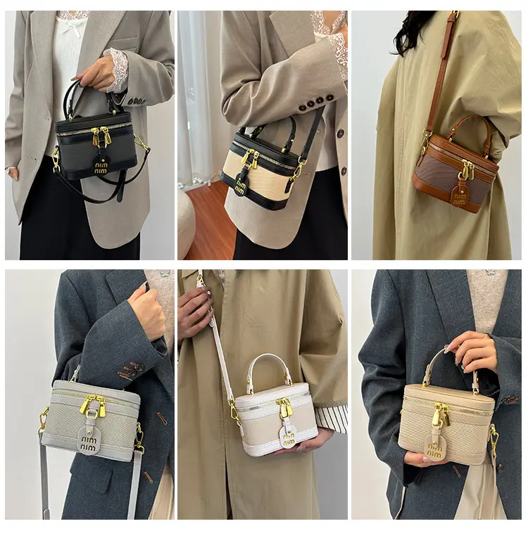 Retro Satchel Bag Black Beige Gold Zipper Handle — feature 10