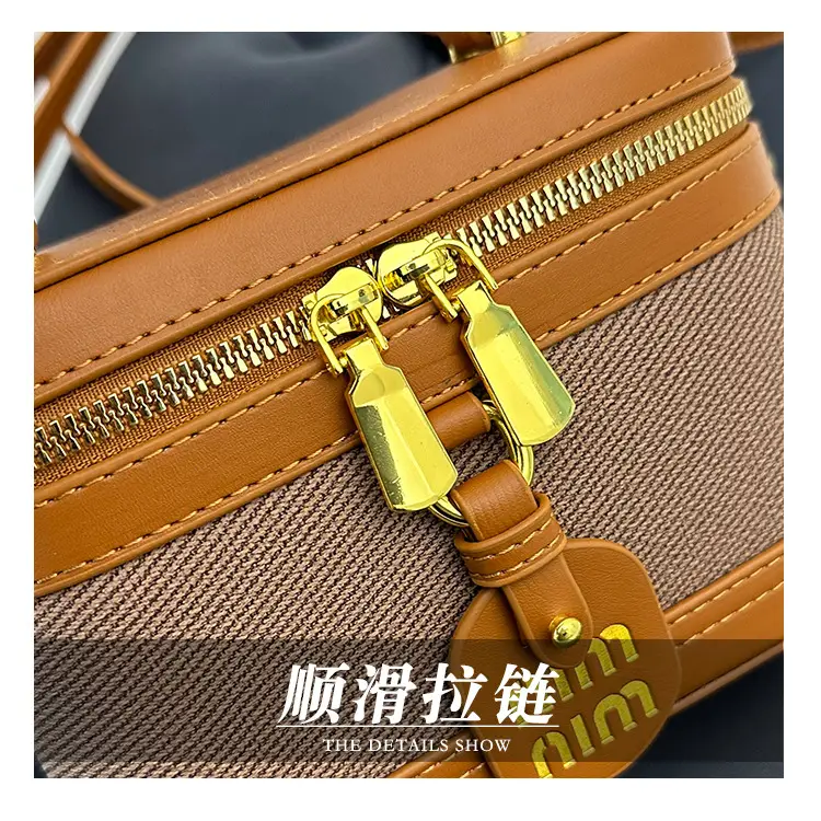 Retro Satchel Bag Black Beige Gold Zipper Handle — feature 8
