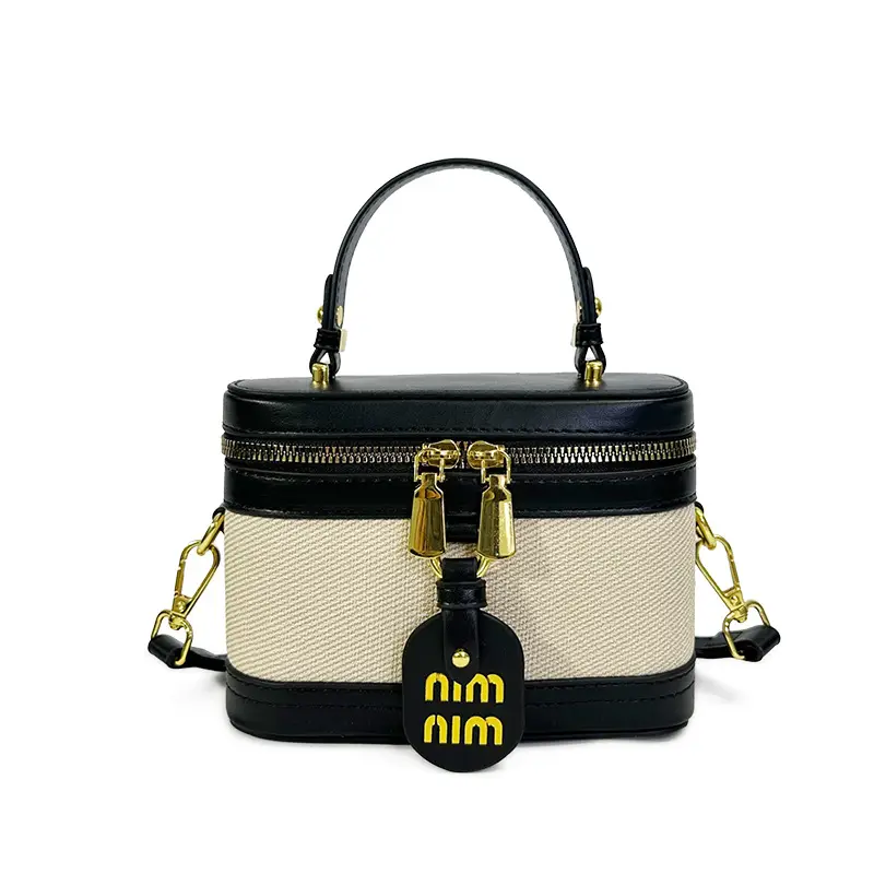 Retro Satchel Bag Black Beige Gold Zipper Handle - Image 2