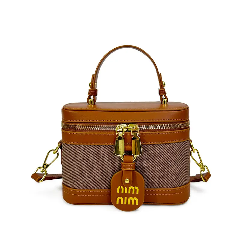 Retro Satchel Bag Black Beige Gold Zipper Handle - Image 3