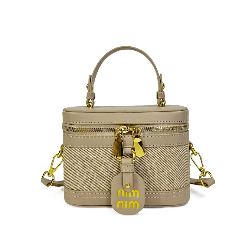 Retro Satchel Bag Black Beige Gold Zipper Handle - Image 4