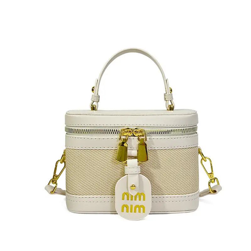 Retro Satchel Bag Black Beige Gold Zipper Handle - Image 5