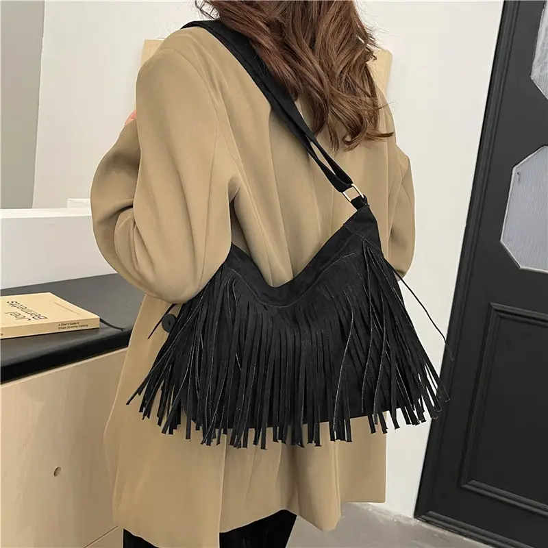 Women's Frosted Tassel Shoulder Bag Brown New Arrival - Image 6