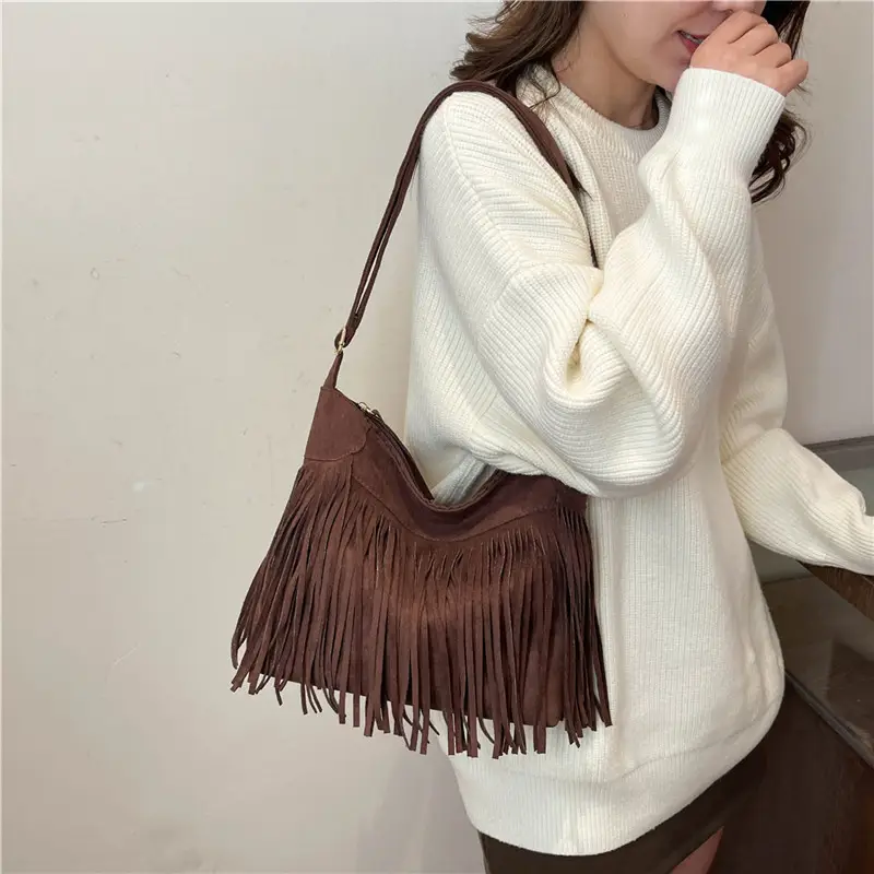Women's Frosted Tassel Shoulder Bag Brown New Arrival - Image 7