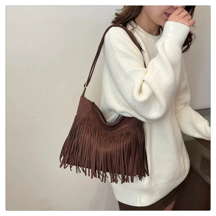 Women's Frosted Tassel Shoulder Bag Brown New Arrival — feature 18