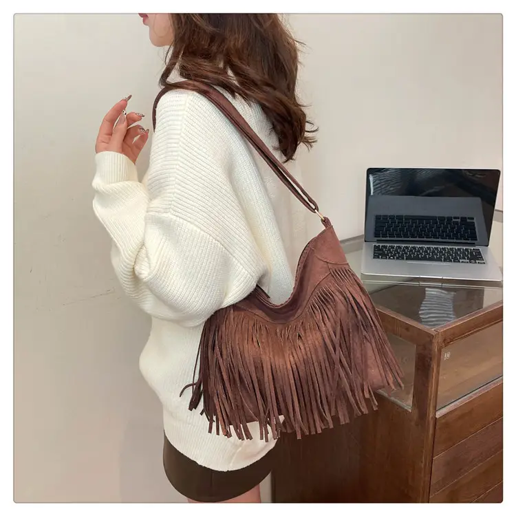 Women's Frosted Tassel Shoulder Bag Brown New Arrival — feature 20