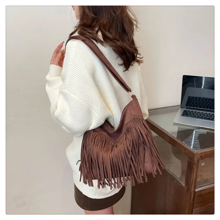 Women's Frosted Tassel Shoulder Bag Brown New Arrival — feature 21