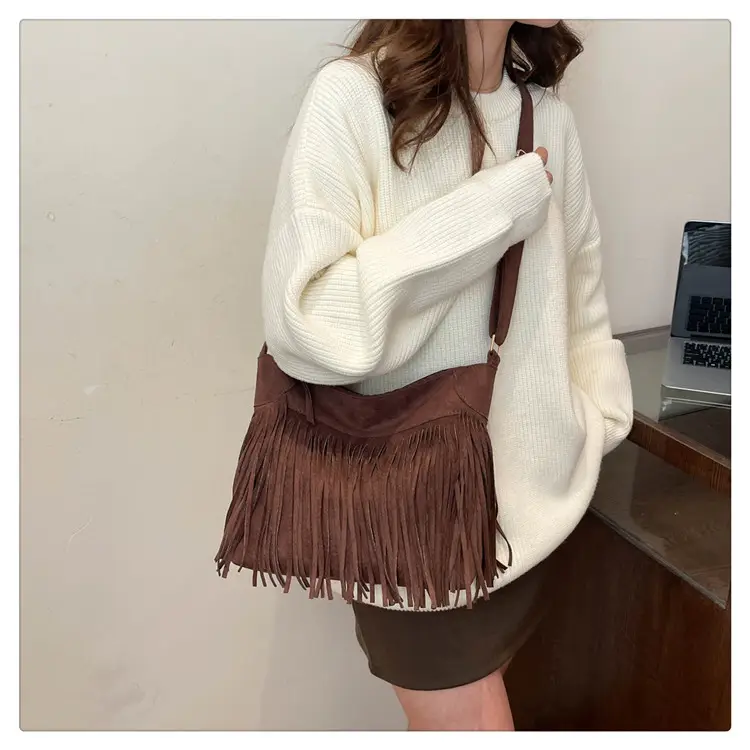 Women's Frosted Tassel Shoulder Bag Brown New Arrival — feature 22