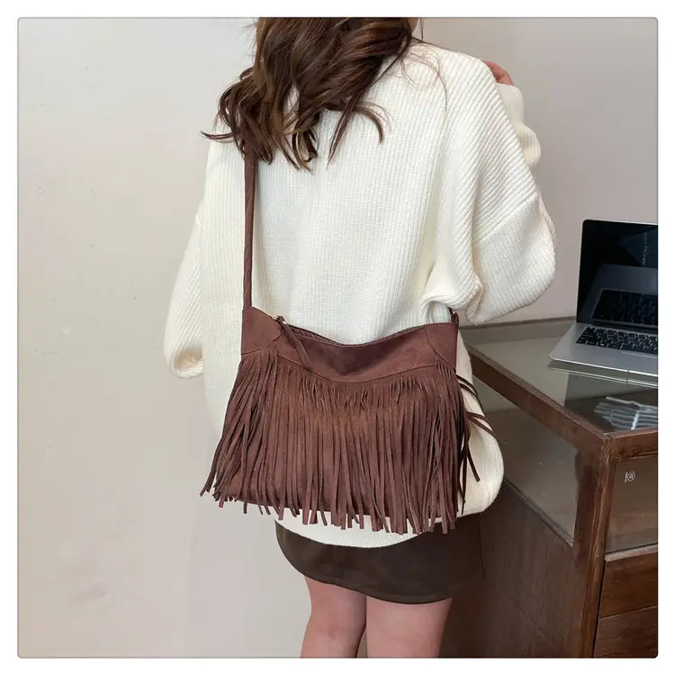 Women's Frosted Tassel Shoulder Bag Brown New Arrival — feature 23