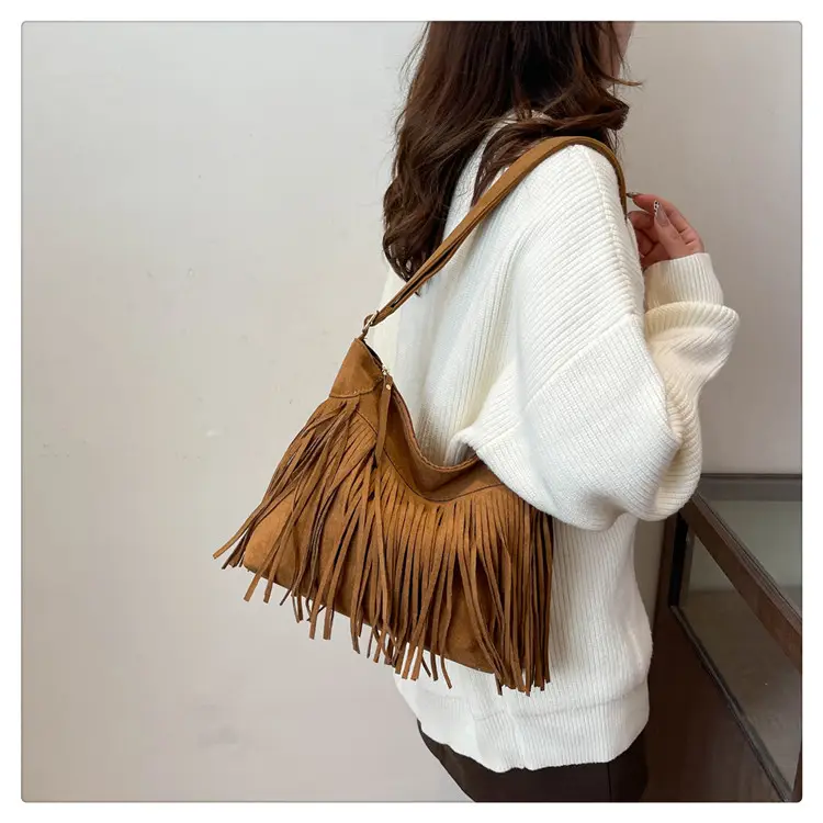Women's Frosted Tassel Shoulder Bag Brown New Arrival — feature 24
