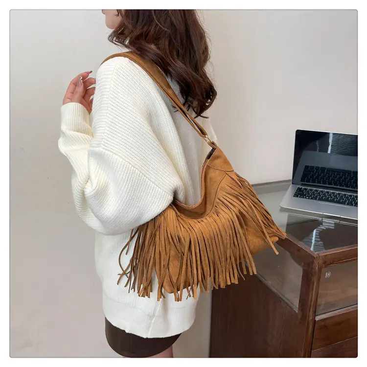Women's Frosted Tassel Shoulder Bag Brown New Arrival — feature 26