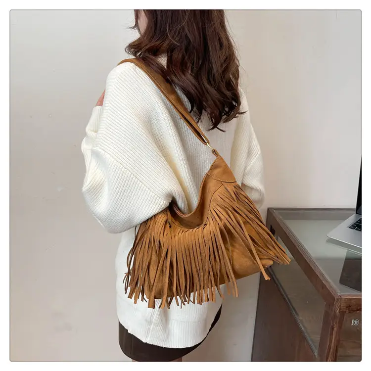Women's Frosted Tassel Shoulder Bag Brown New Arrival — feature 27