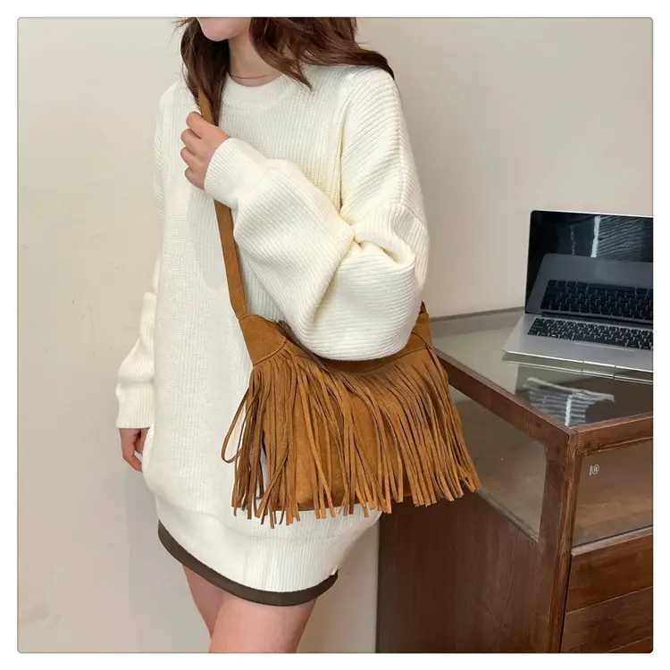 Women's Frosted Tassel Shoulder Bag Brown New Arrival — feature 28